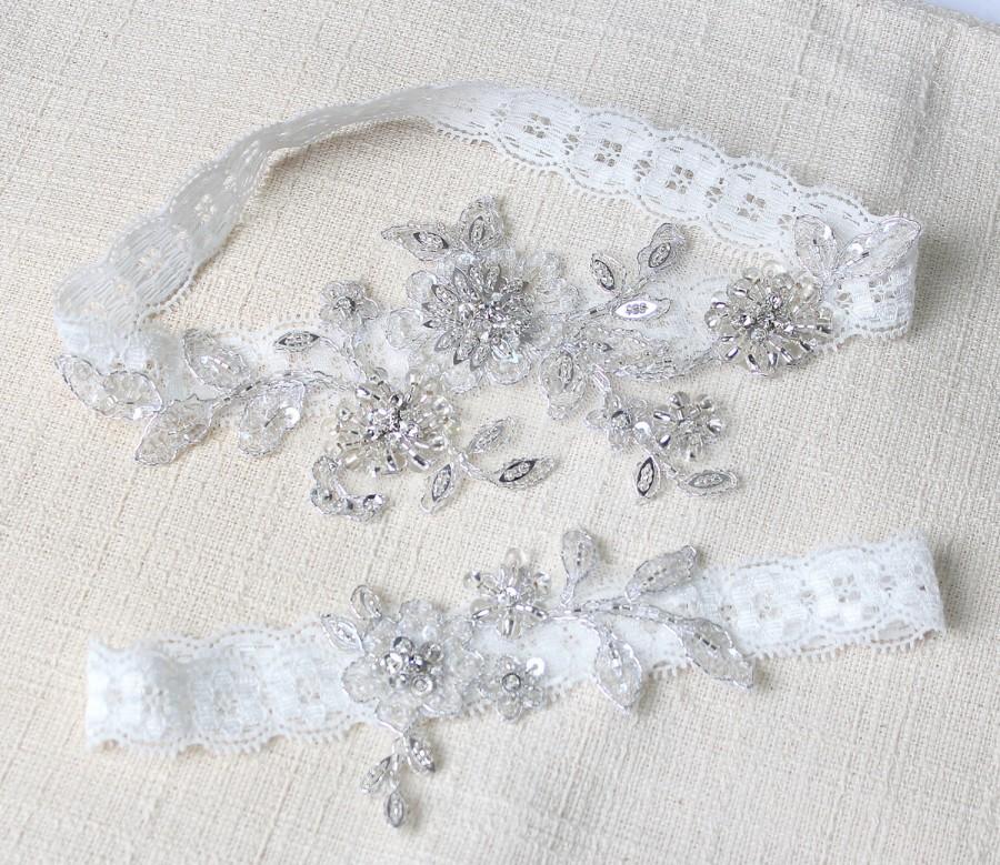 Hochzeit - Silver garter set, wedding garter set, bridal garter set, lace garters, wedding garter, sequin garters