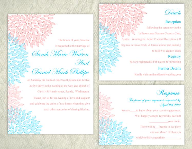 Свадьба - Printable Wedding Invitation Suite Printable Invitation Pink Wedding Invitation Floral Blue Invitation Download Invitation Edited jpeg file