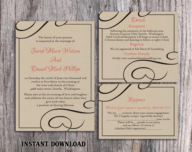 Wedding - DIY Burlap Wedding Invitation Template Set Editable Word File Download Printable Rustic Wedding Invitation Black Invitation Elegant Invite