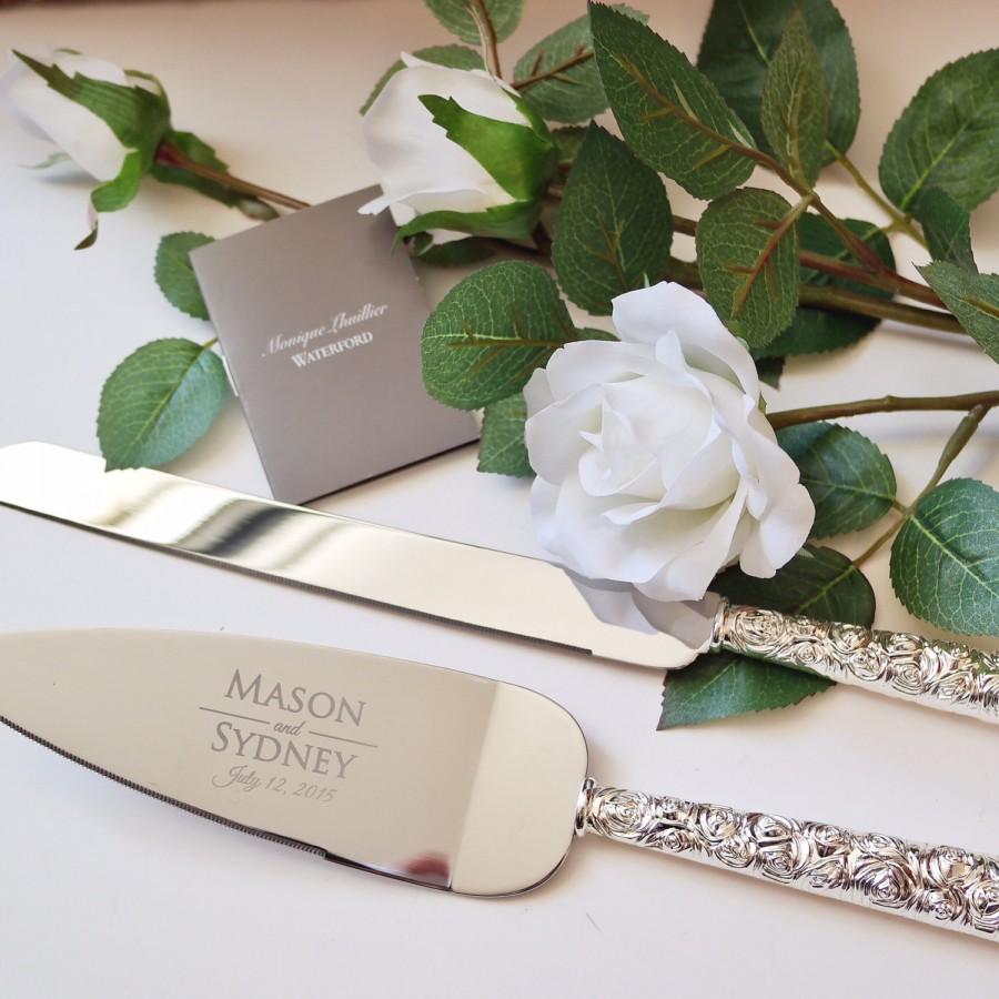 Wedding - Waterford Monique Lhuillier Sunday Rose Cake Knife and Server Set - (2 pc) Custom Engraved Wedding Cake Server and Knife SET - Wedding Gift