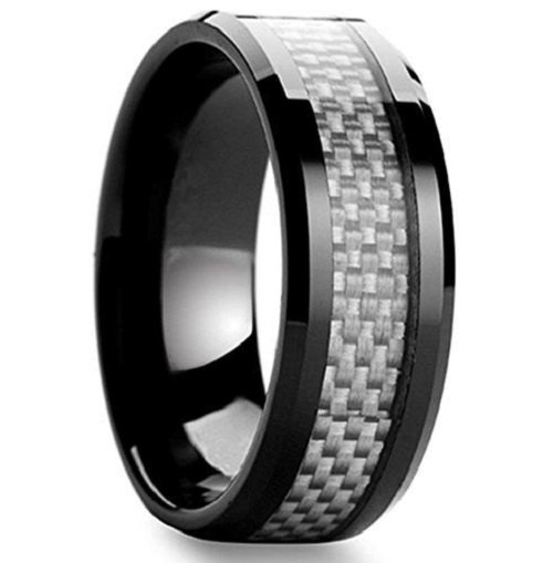 Hochzeit - 8mm Black Tungsten Carbide Wedding Band With Silver Carbon Fiber Inlay