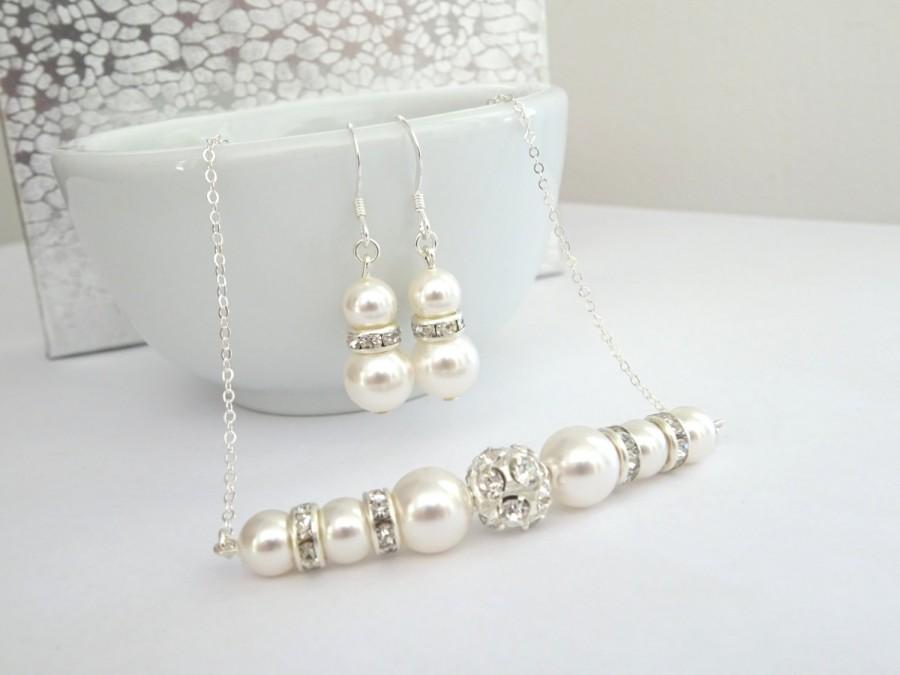 زفاف - Bridesmaid Pearl Jewelry set,  Bridal Wedding Jewelry, Genuine Swarovski Pearl beaded necklace and atching pearl earrings