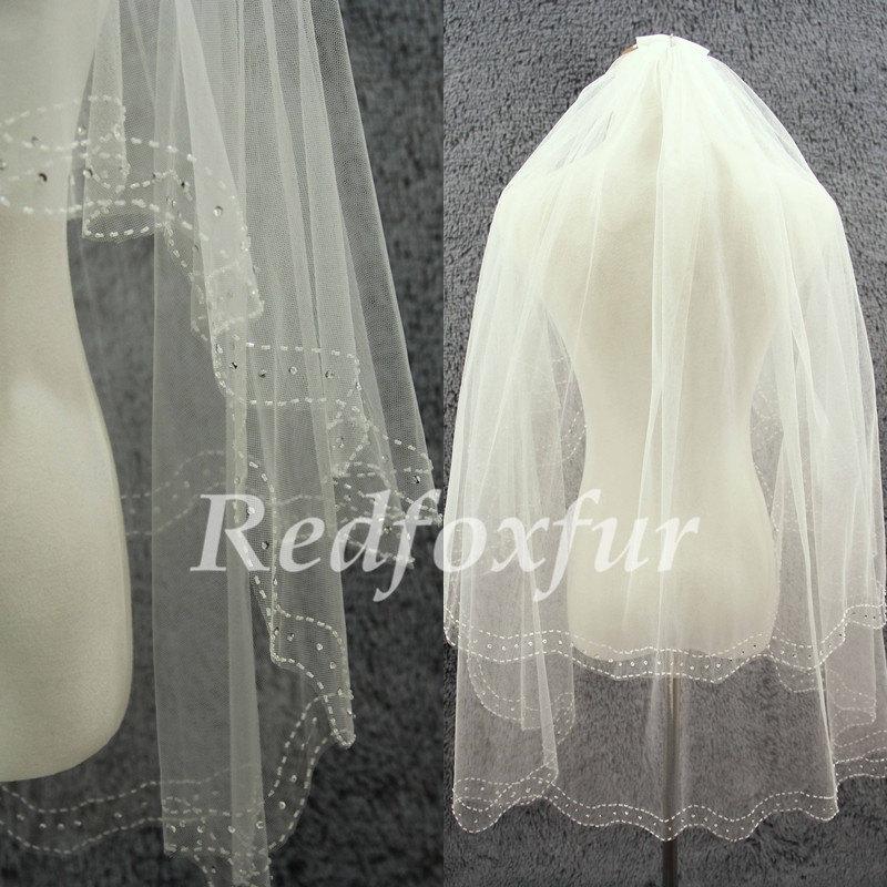 Hochzeit - 2 tier Ivory Bridal Veil Crescent edge Hand-beaded Wrist length Wedding dress Veil Wedding Accessories With comb