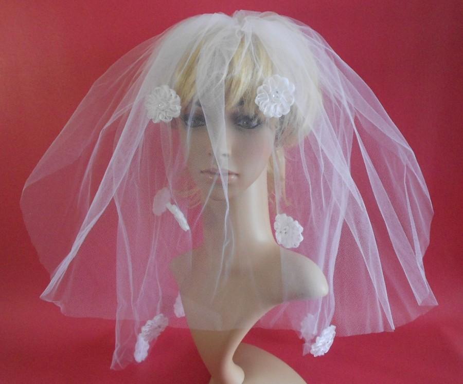 Wedding - Bridal Veil- White Ribbon Flowers Crystals Bridal Veil-Communion Veil