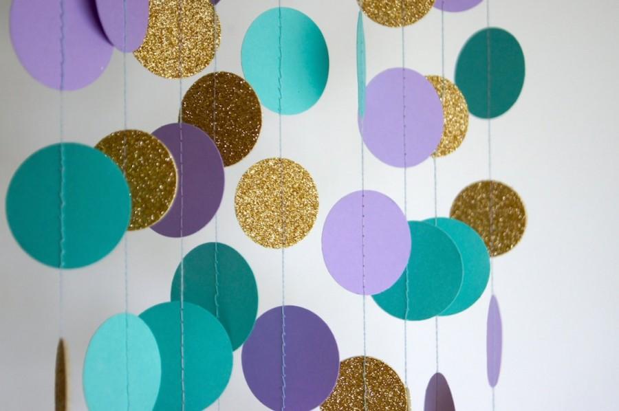 Hochzeit - Paper Garland in Lavender, Teal and Gold, Mermaid Party, Bridal Shower, Baby Shower, Party Decorations, Birthday Decor