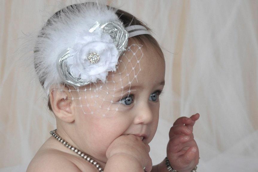 Mariage - Christening Baby Headband Baptism Flower Girl Fascinator in Silver and White Photo Prop Birthday Girl