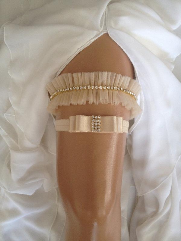 Wedding - wedding garter set, champagne bridal garter set, champagne bow, crystal rhinestone/gold