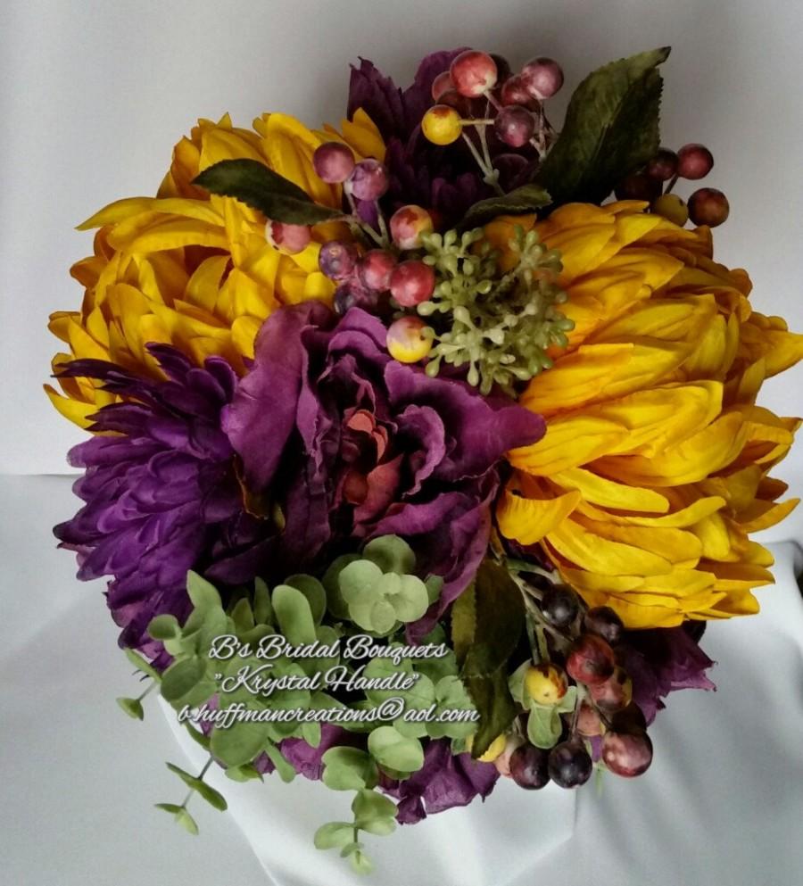 Hochzeit - Bridal Bouquet, Purple, yellow, succulents,  Silk Bridal Bouquet with "Krystal Handle"  "Katina"