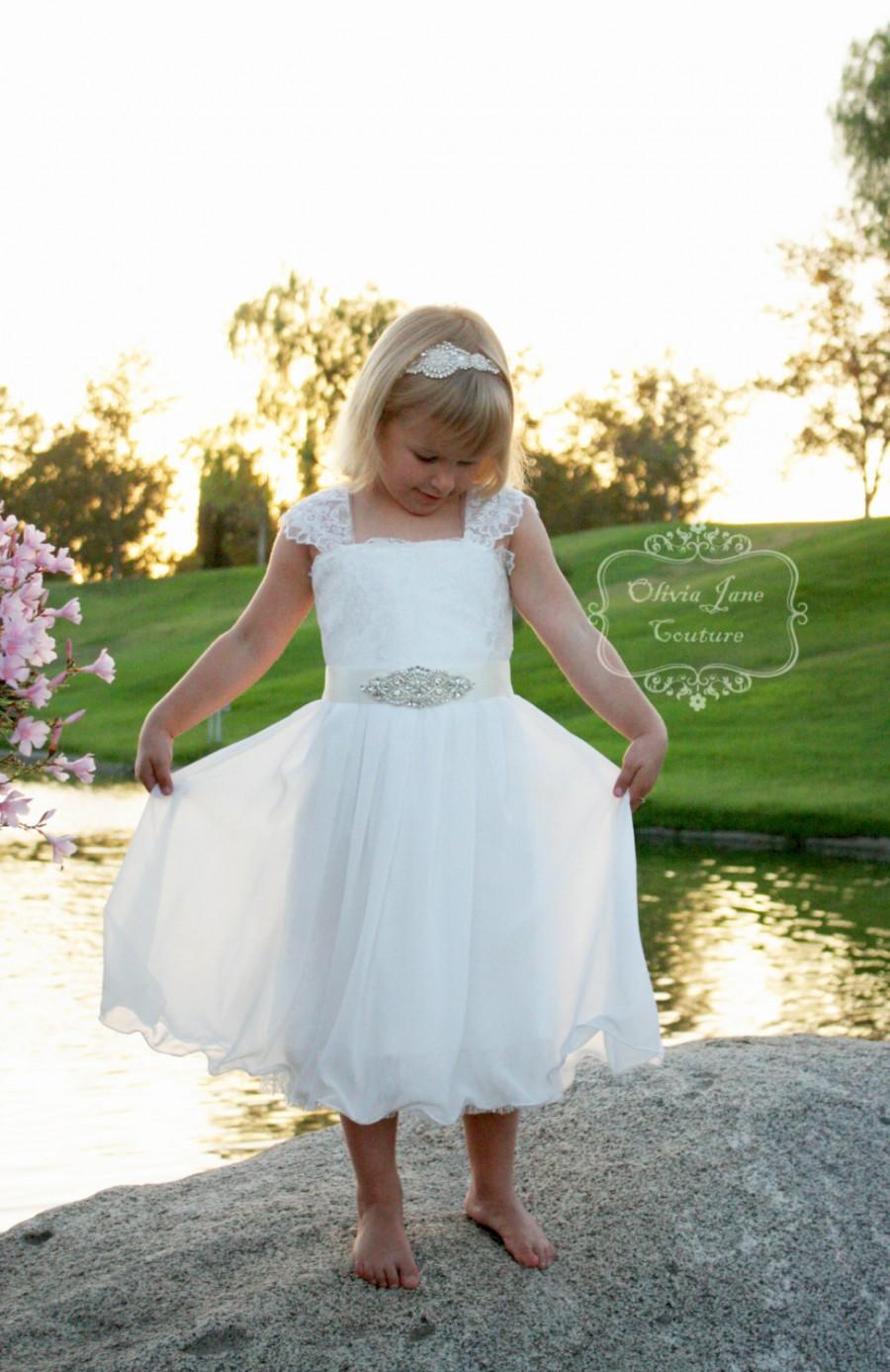 Mariage - Claire Flower Girl Dress - Ivory Lace Flower Girl Dress - Birthday dress - Baptism dress - Boho Flower Girl Dress-Girls White Chiffon Dress