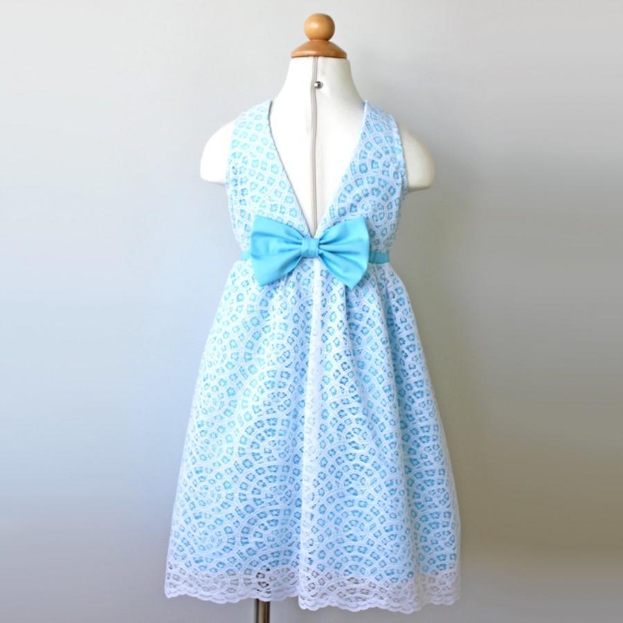 زفاف - Blue Aqua Flower Girl Lace Dress