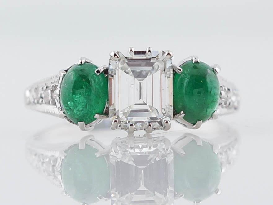 Wedding - Antique Engagement Ring Late Art Deco .76ct Emerald Cut Diamond with Cabochon Emerald Accents in 18k White Gold