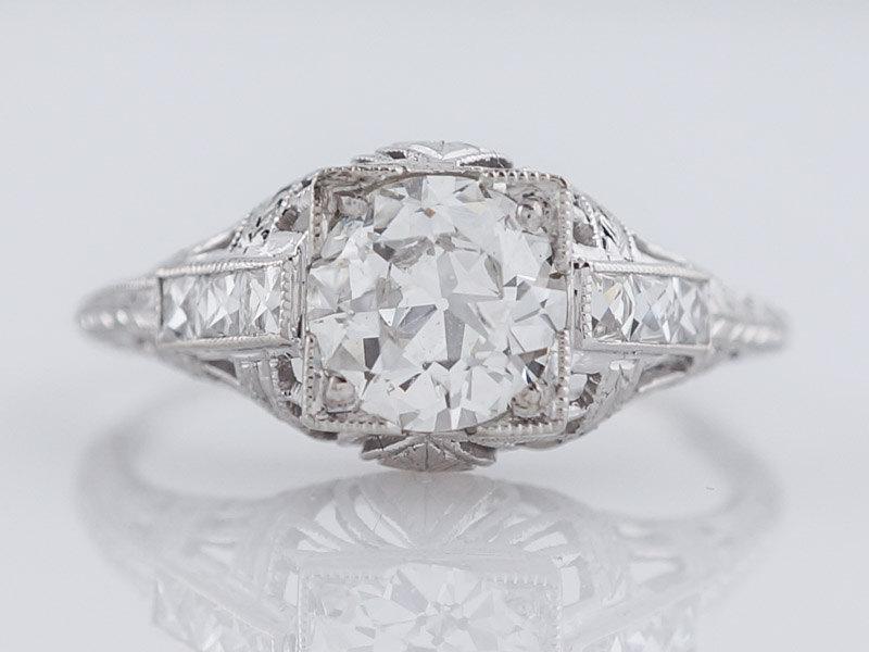 Wedding - Antique Engagement Ring Art Deco GIA .94ct Old European Cut Diamond in Platinum