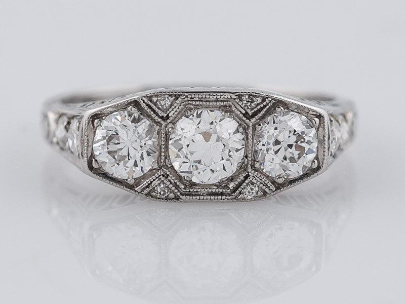 زفاف - Antique Engagement Ring Art Deco Three Stone .92cttw Old European Cut Diamonds in Platinum