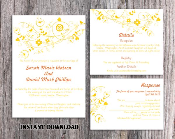 Wedding - DIY Wedding Invitation Template Set Editable Word File Download Printable Yellow Invitation Floral Wedding Invitation Bird Invitation