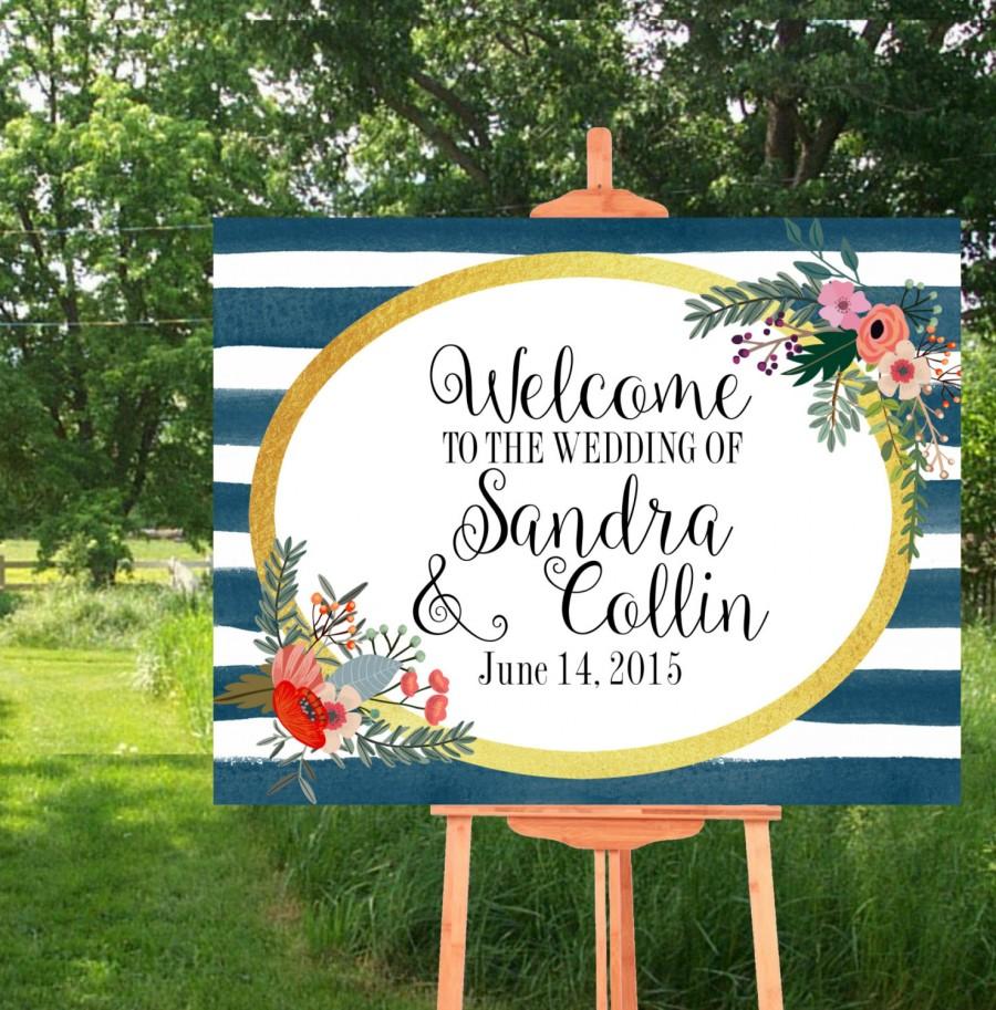 Свадьба - Printable Wedding Sign, Watercolor Sign, Welcome to Our Wedding Sign, Custom sign, Wedding Printables, Navy Blue and Gold,