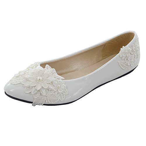 Mariage - White PU Leather Lace Wedding Flat Shoes