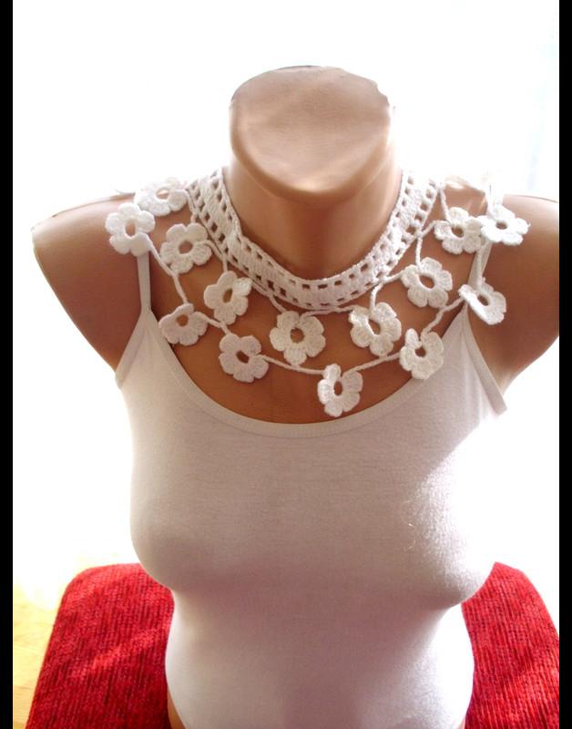 Wedding - Crochet white flowered scarf/crochet lariat scarf