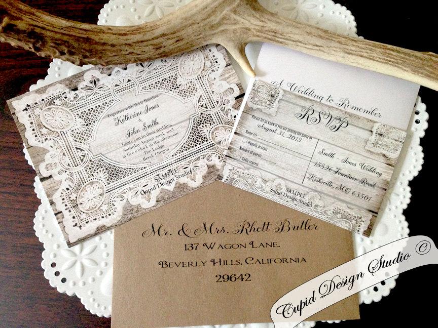 Hochzeit - Lace wedding invitation. Wedding invitation Suite. Outdoor Wedding. Custom personalized elegant unique. kraft envelope.