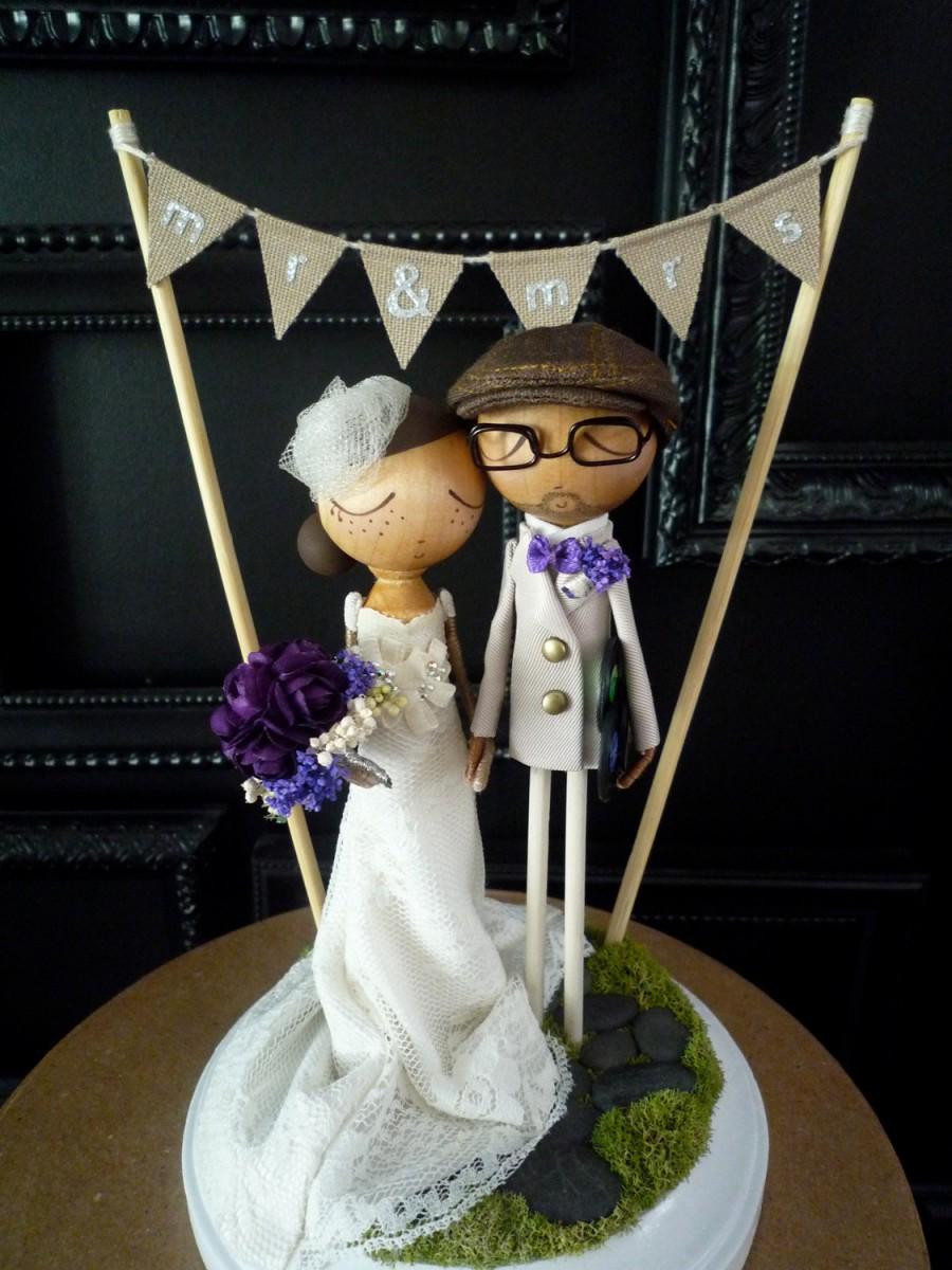 Wedding - Wedding Cake Topper with Custom Wedding Dress and Flag Bunting Background - Custom Keepsake by MilkTea