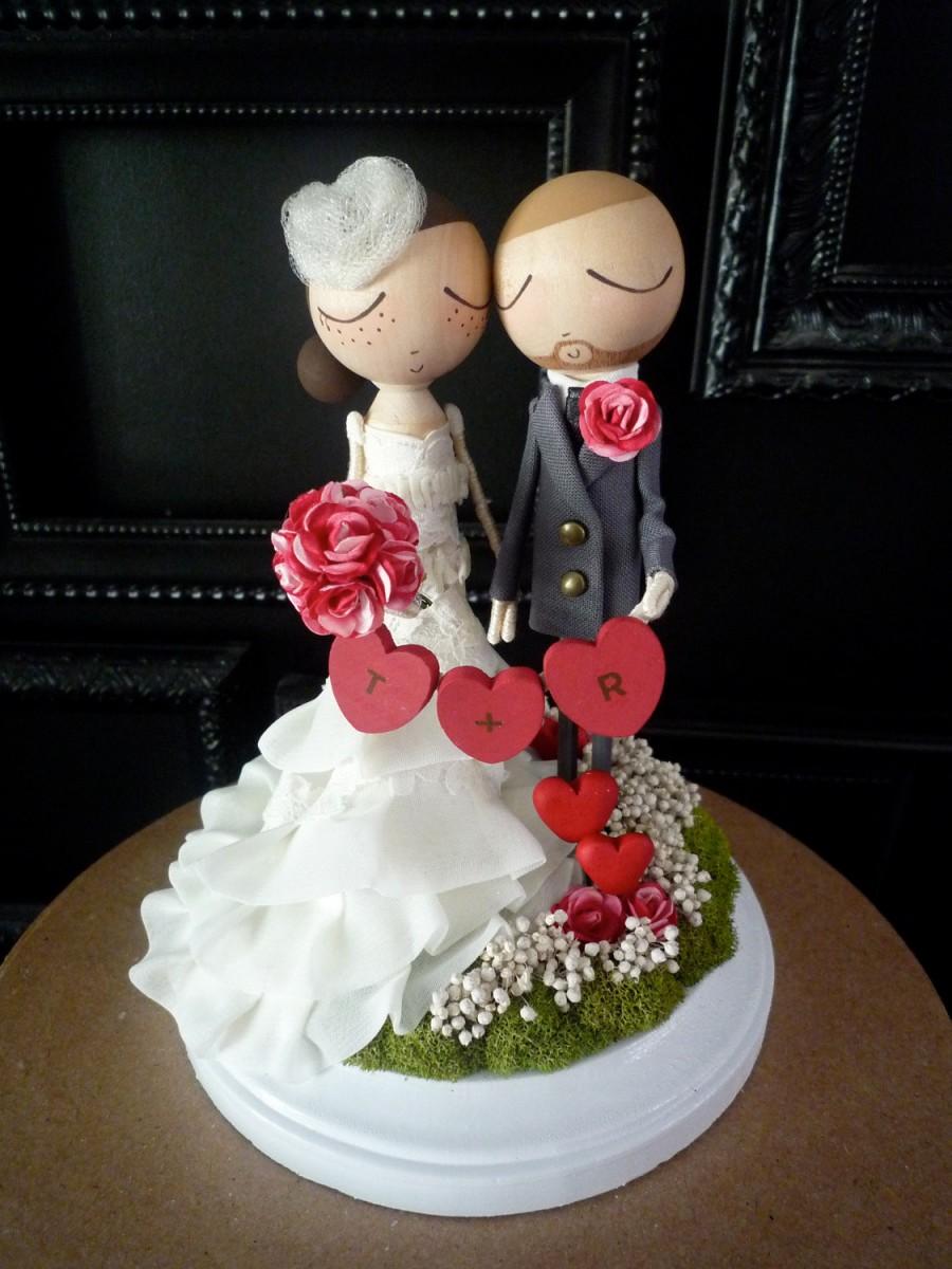 زفاف - Custom Wedding Cake Topper with Custom Wedding Dress Valentines/Heart Theme - MilkTea