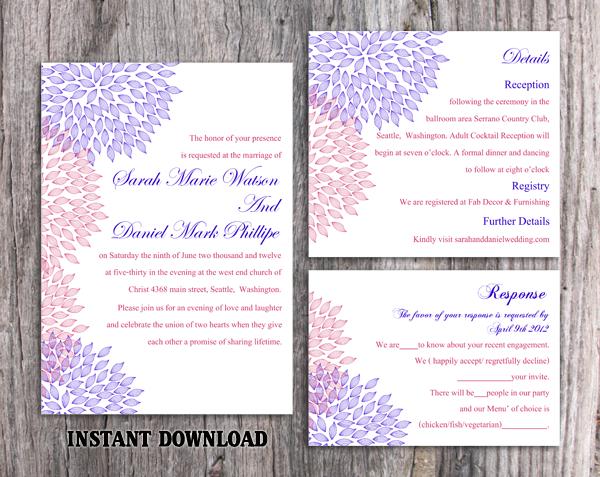 Hochzeit - DIY Wedding Invitation Template Set Editable Word File Instant Download Printable Purple Wedding Invitation Floral Invite Pink Invitation