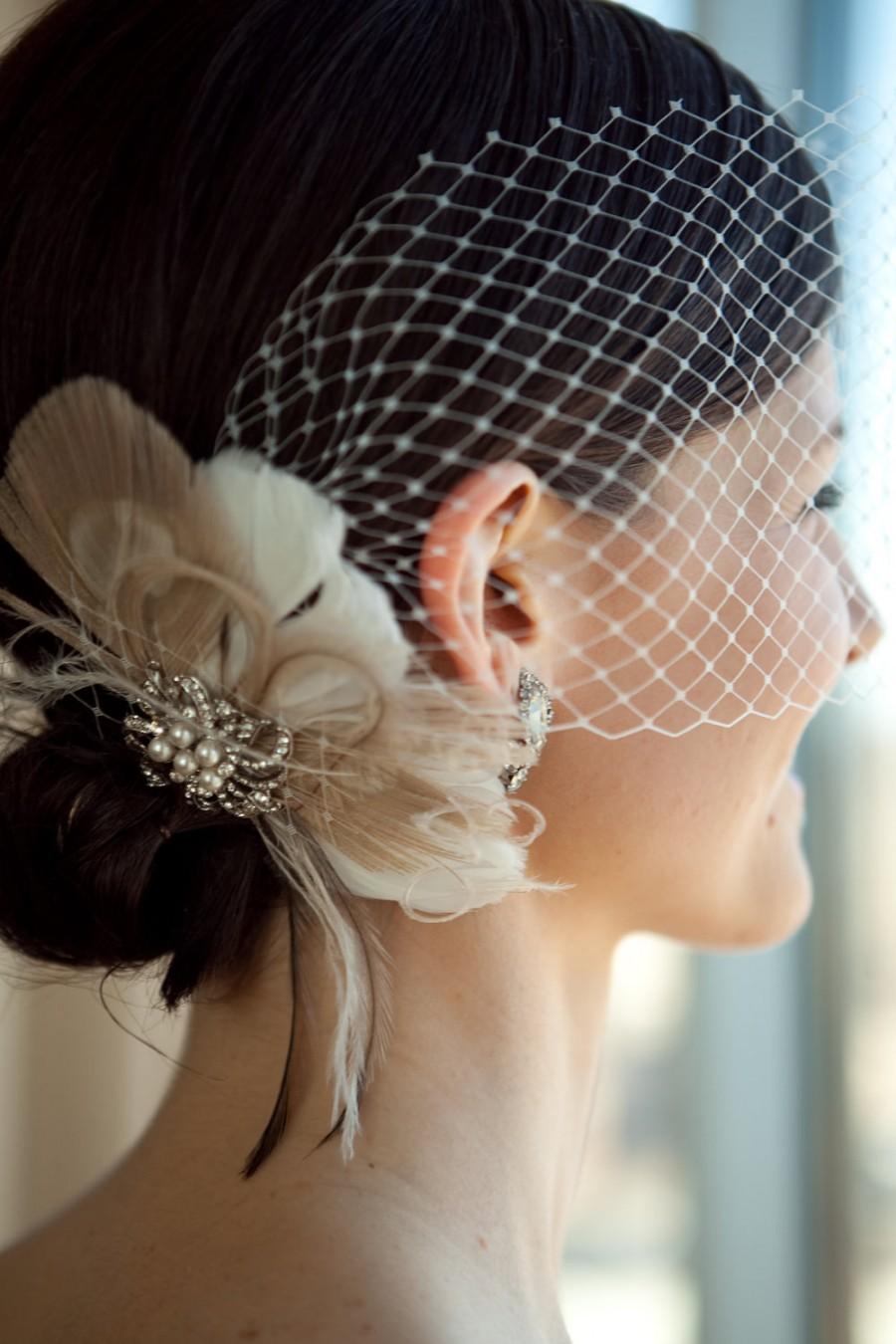 Wedding - Birdcage Veil, Bridal Veil and Bridal Clip, Bandeau Birdcage Veil, Blusher, Bird Cage Veil, Ivory Feather Hair Clip