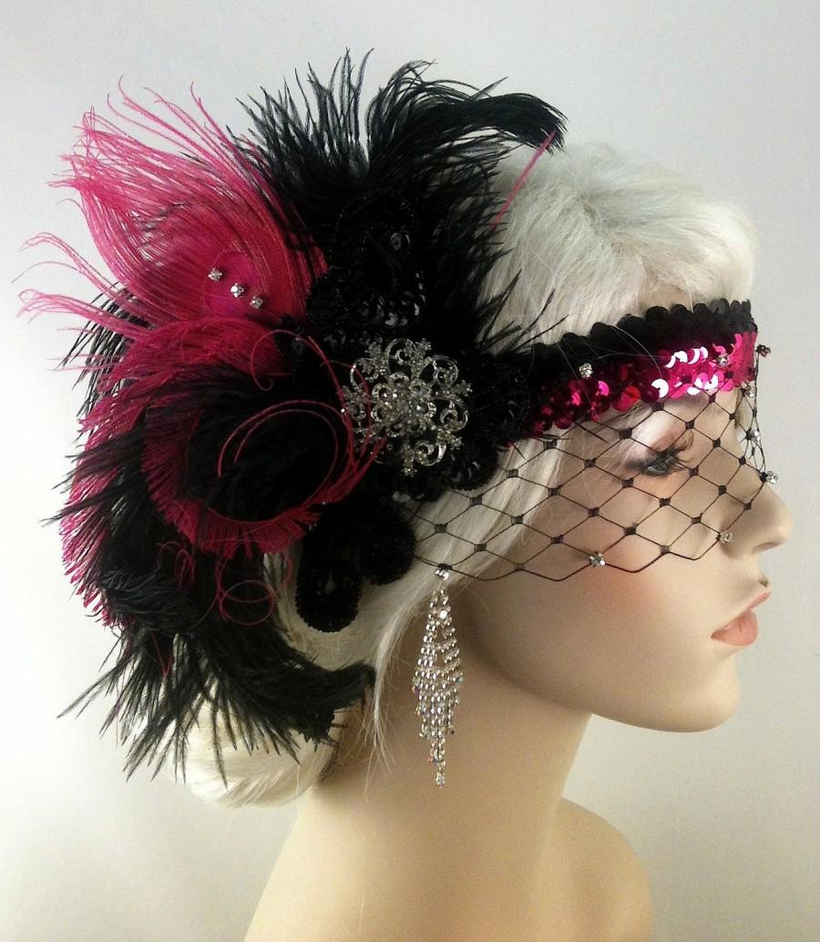 زفاف - Great Gatsby Headband, Flapper Headband, Downton Abbey, 1920s Head Piece, Art Deco Headband, Rhinestone Veil/Mask, Hot Pink/Black