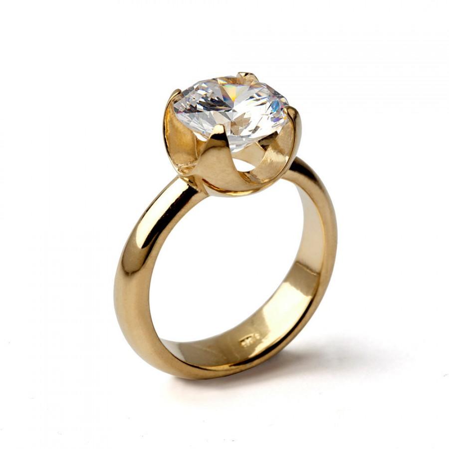 زفاف - CUP CZ Engagement Ring, Promise Ring, Gold Statement Ring, Gold Solitaire Ring, Gold CZ Ring, Unique Engagement Ring