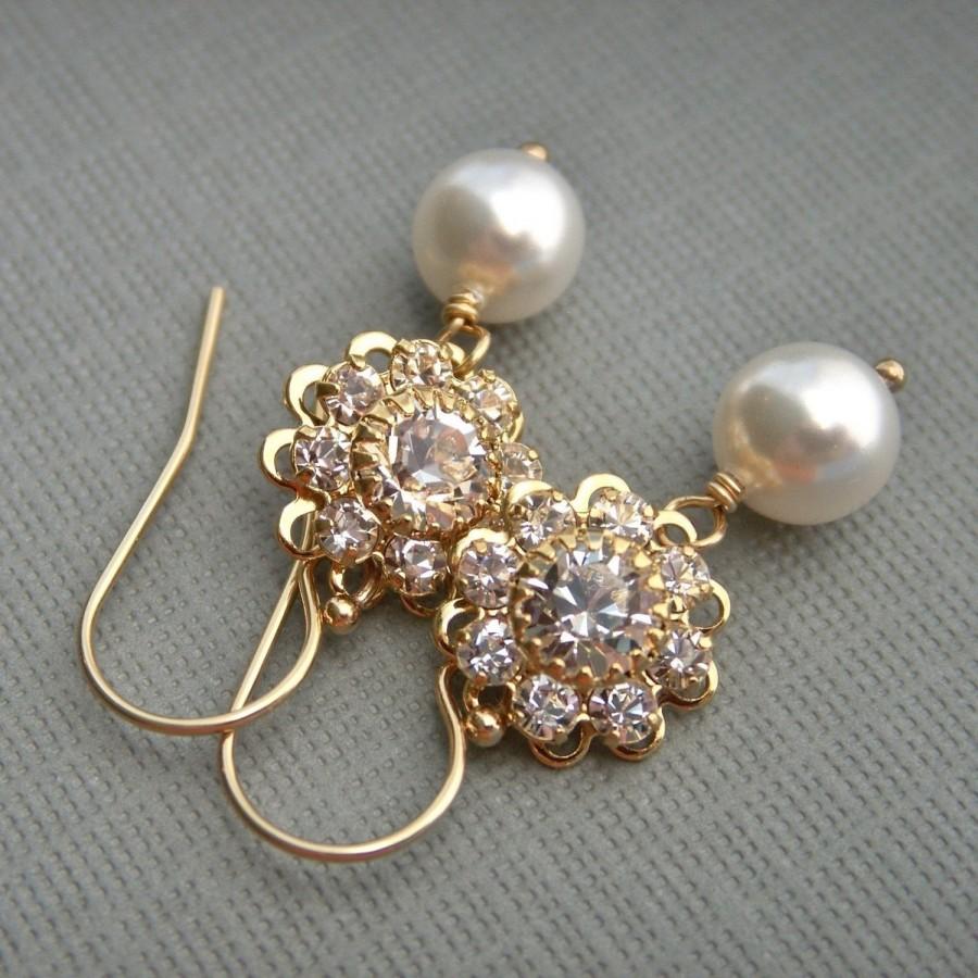 زفاف - Crystal flower bridesmaid earrings, Rhinestone and pearl earrings, gold bridal earrings, clear crystal earrings, white pearl, ivory pearl