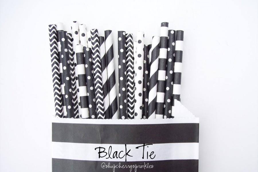 Hochzeit - Black Tie -BLACK and WHITE Paper Straws Cocktail party straws -Graduation or Wedding Party-Stripe straws *Black straws *Polkadot