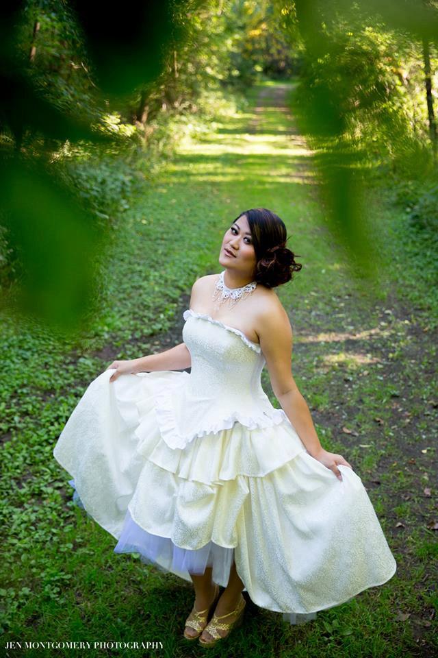 Wedding - SAMPLE White Hi-Low Wedding Dress- Pattern Fabric Aysmetrical Hem Fairytale Inspired - Bridal Gown- Medium