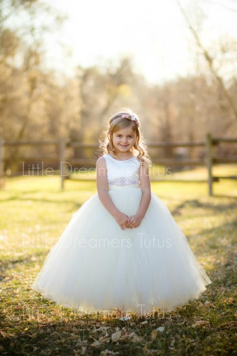 Hochzeit - NEW! The Juliet Dress in Ivory with Rhinestone Sash - Flower Girl Tutu Dress