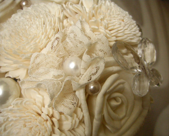 Hochzeit - Bridal Bouquet "White", Wedding Cream White Fabric Bouquet, Sola flowers