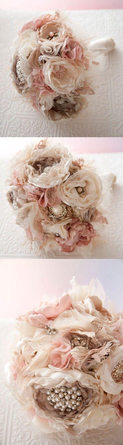 زفاف - Fabric Flower Custom Wedding Bouquet, With Rhinestone And Pearl Brooches, Choose Your Colors