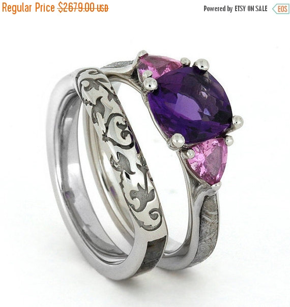 Mariage - Wedding Sale Purple Amethyst Ring, Pink Sapphires and Meteorite with Dinosaur Bone Wedding Band on White Gold Wedding Ring Set