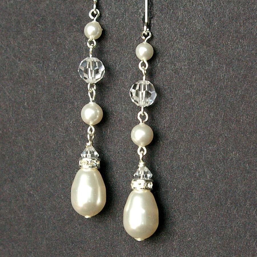Свадьба - Swarovski Pearl and Crystal Bridal Drop Earrings, Bridesmaid Jewelry, Teardrop Pearl Dangle Earrings, Wedding Jewelry, SNOW DROP