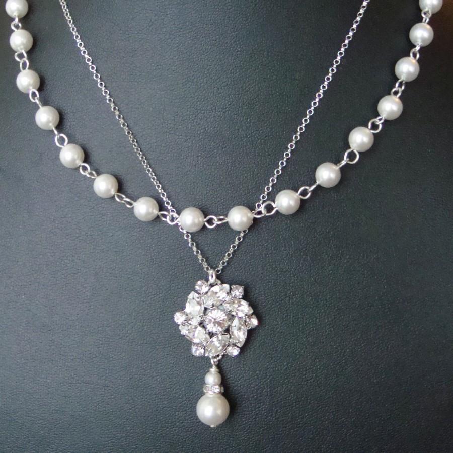 زفاف - Vintage Style Bridal Necklace, Statement Wedding Jewelry, Double Strand Wedding Necklace, Rhinestone Bridal Jewelry, CELINE