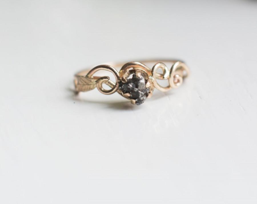 Hochzeit - Meteorite Ring with 14K Gold Swirls and Leaf and Campo del Cielo Meteorite - Alternative Elvish Engagement Ring