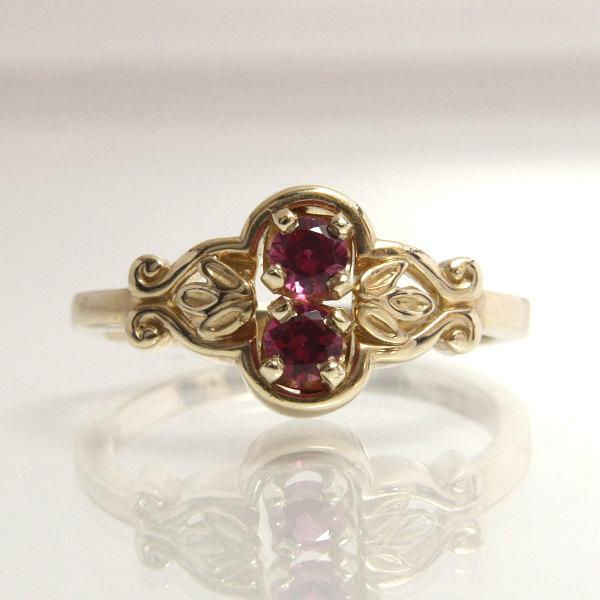 Mariage - Engagement Ring Victorian Style 14K Yellow Gold Size 6 Lab Created Ruby Circa 1980's to 1990's Vintage Jewelry GregDeMarkJewelry