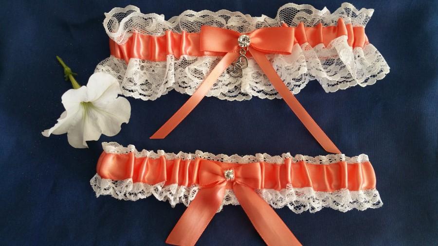 Wedding - Ivory Lace garter set, light coral satin, Rhinestone, double heart charm, Wedding garter set, Bridal garter, Prom garter, Custom garter set