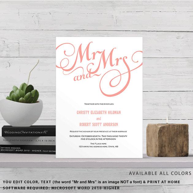 زفاف - Coral Mr and mrs script fonts Invitation Template