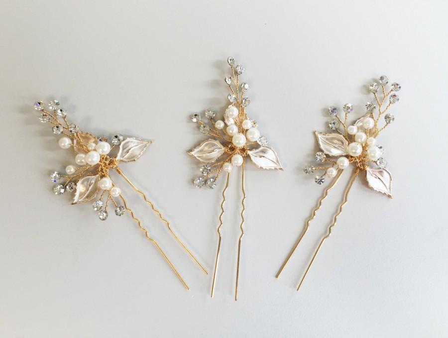Wedding - Rose Gold hair pins, Floral wedding headpiece, wedding accessories, bridal hair pins, hair accessories, gold leaf hair pins, weddings