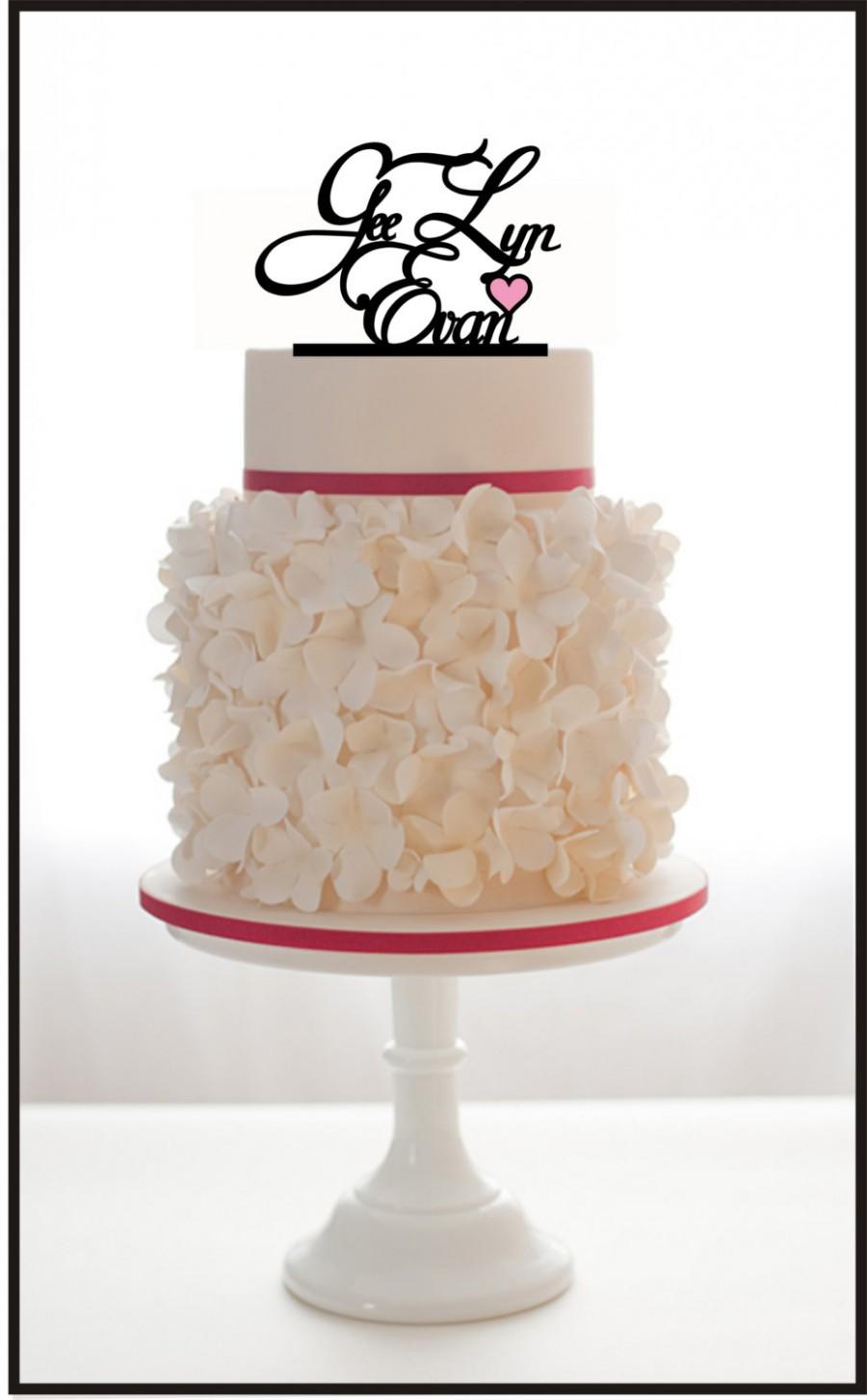 Wedding - Custom Wedding Cake Topper with 2 Names, a Heart, choice of colors and a FREE base for display