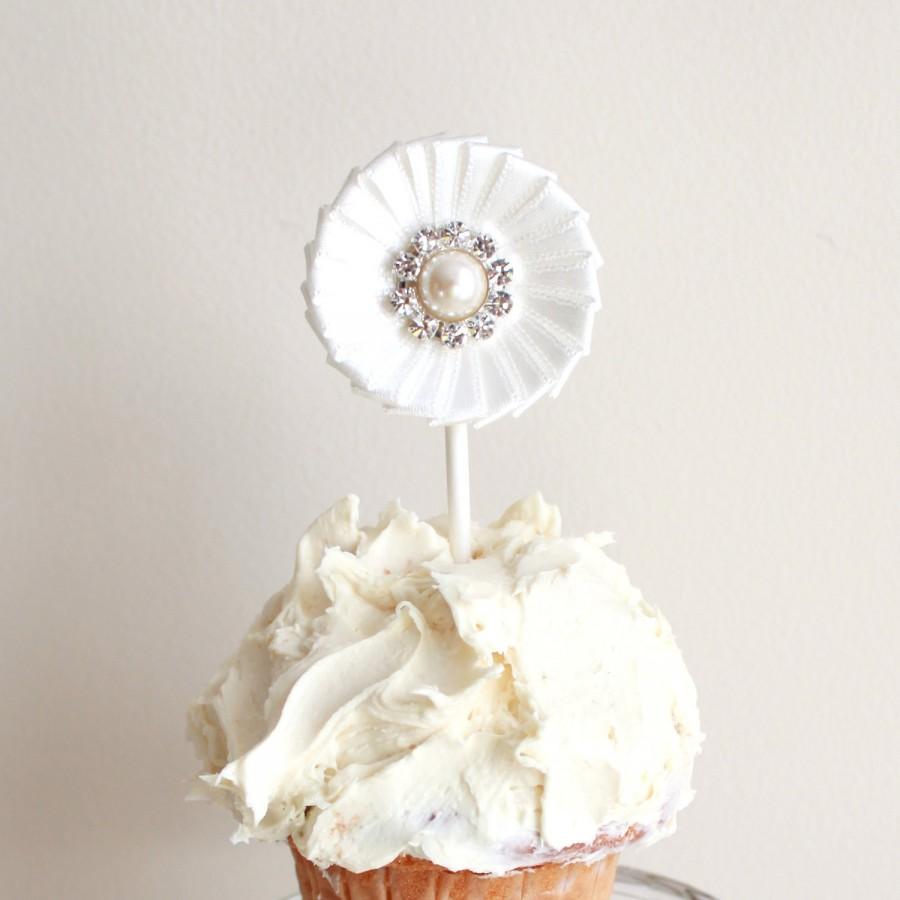 Mariage - 6, White off Satin Ribbon Wedding Cupcake Toppers - Both Sided