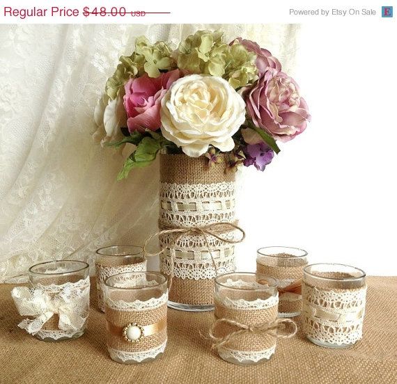 Hochzeit - Burlap And Lace Covered Votive Tea Candles And Vase Country Chic Wedding Decorations, Bridal Shower Decor, Home Decor
