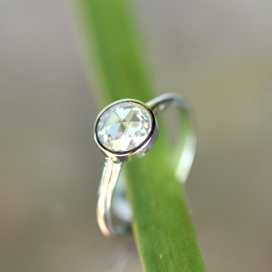 زفاف - Rose Cut Moissanite 14K Palladium White Gold Engagement Ring, Stacking RIng (Limited Edition) - Made To Order