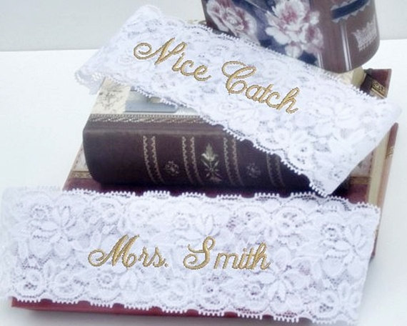 Wedding - Wedding Garter, Bride's Garter, Personalized, Custom, Embroidered Monogram Lace Garter
