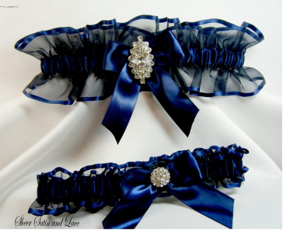 Hochzeit - RHINESTONE Wedding garters Navy Blue Garter set