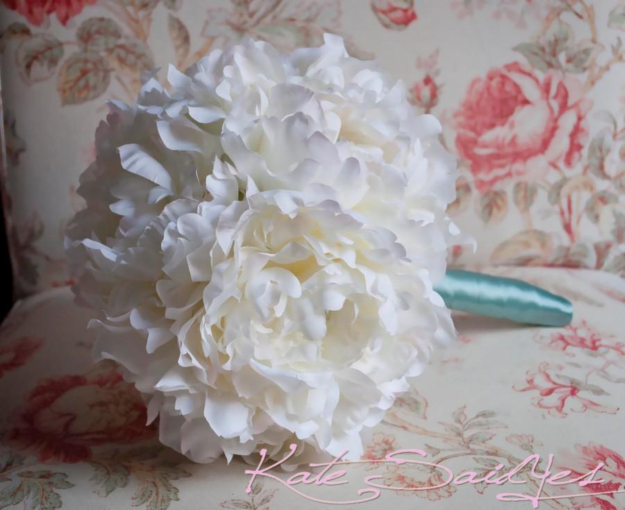 Wedding - Ivory Peony and Aqua Blue Wedding Bouquet