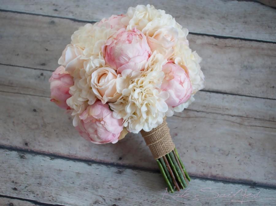 Hochzeit - Shabby Chic Wedding Bouquet - Peony Rose and Hydrangea Ivory and Blush Wedding Bouquet with Burlap Wrap